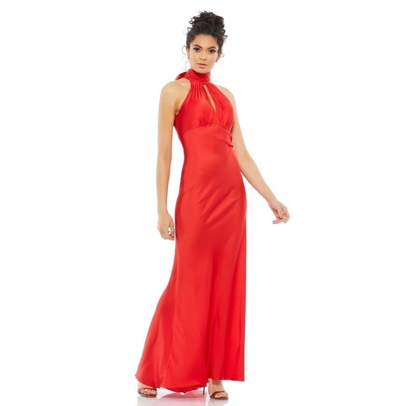 NEW $598 MAC DUGGAL 49520 RED KEYHOLE HALTER EMPIRE WAIST SATIN GOWN Size 10 - Picture 2 of 16